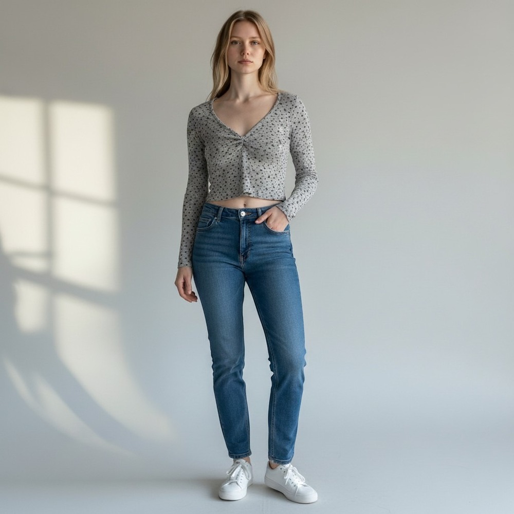 Streetwear Society Grey Floral Long Sleeve Cropped Top Women's - Size XL